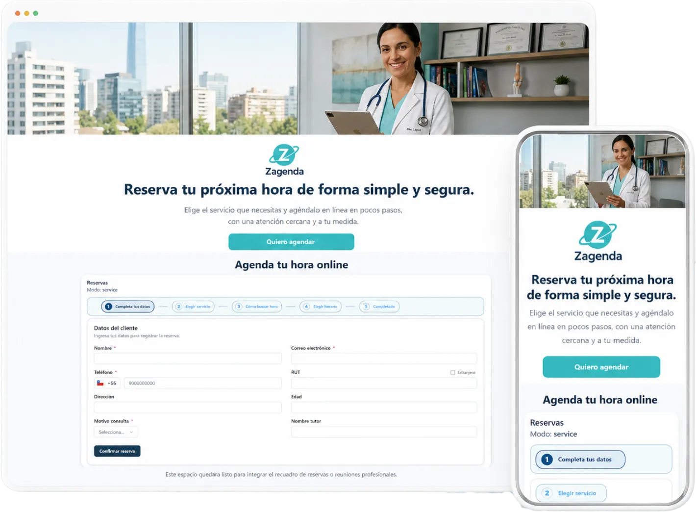 Página de reservas de Zagenda en un computador y en un teléfono: la portada del negocio con su botón para agendar y, debajo, el formulario de reserva paso a paso —datos del cliente, servicio y horario.