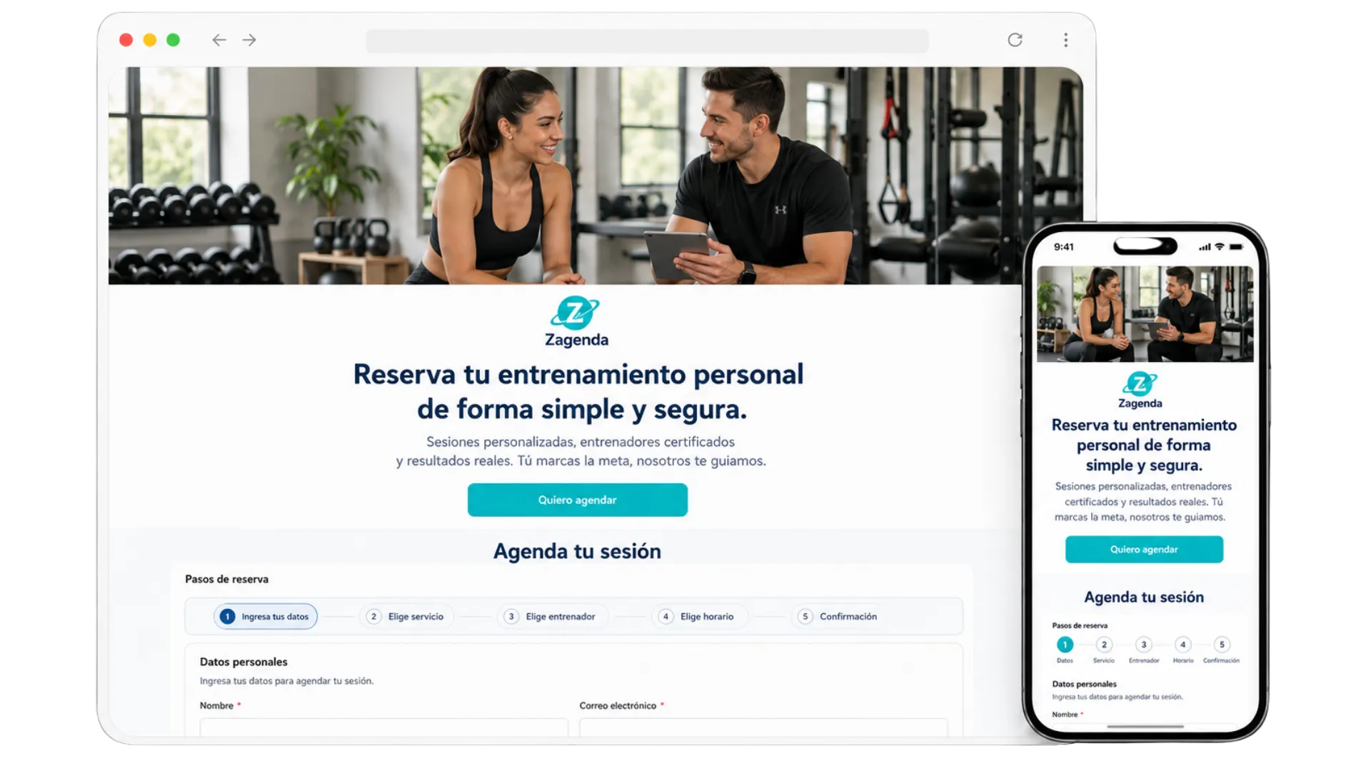 Página pública de reservas de un estudio de entrenamiento, en navegador y en teléfono: el alumno recorre los pasos de agendar una sesión, del servicio al horario.