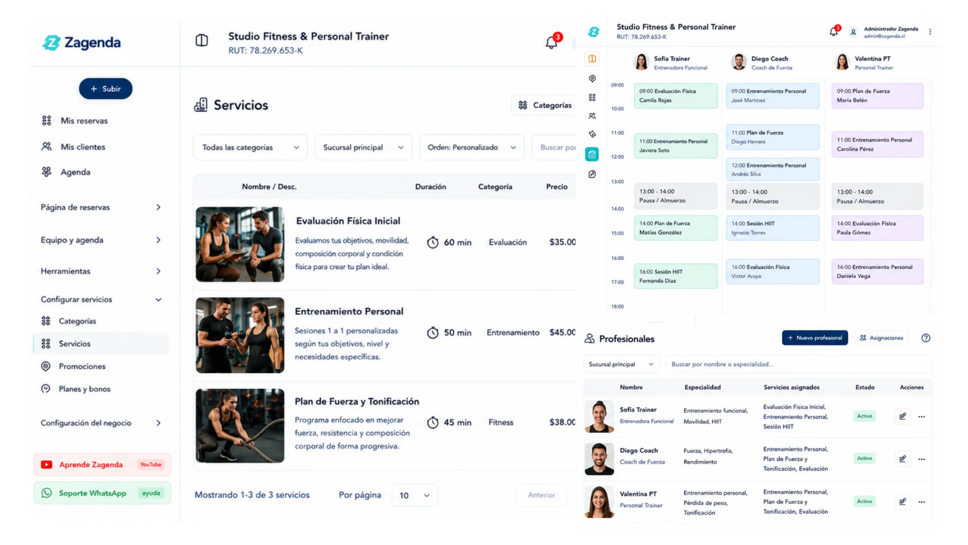 Pantalla de servicios de Zagenda en un estudio de entrenamiento: cada tipo de sesión con su duración y su categoría, junto a la agenda del día repartida por entrenador.