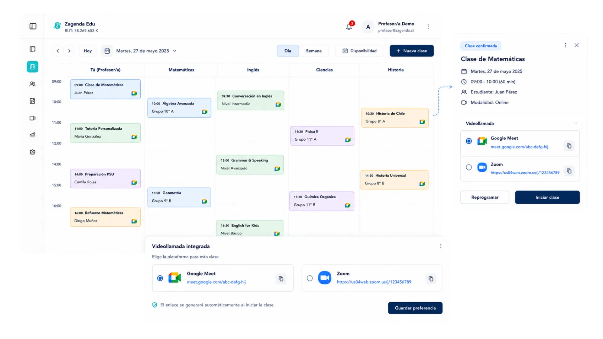 Pantalla de Zagenda con una clase online reservada y el panel donde se elige la plataforma de videollamada —Google Meet o Zoom— que genera el enlace de la sesión.