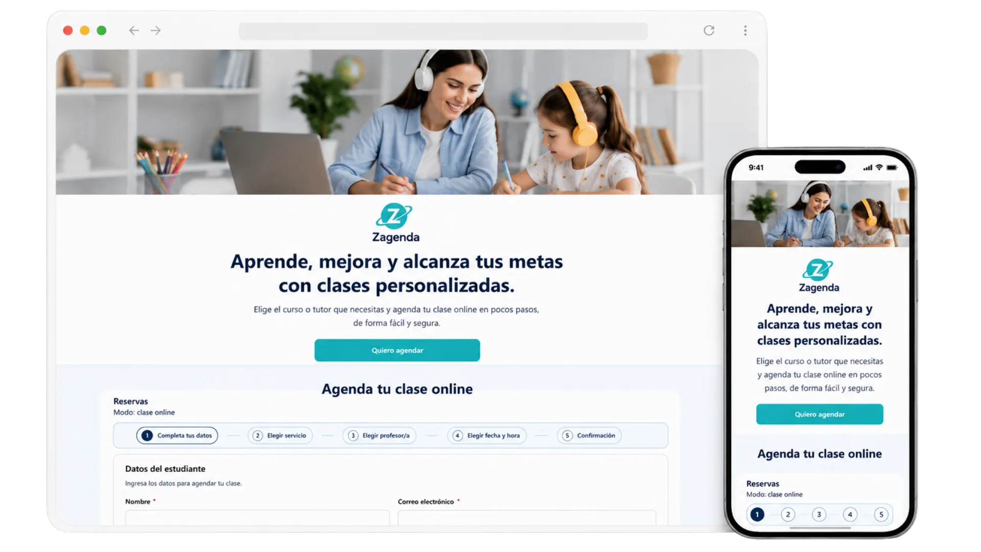 Página pública de reservas de una academia, en navegador y en teléfono: el estudiante recorre los pasos de agendar una clase online, del servicio al horario.