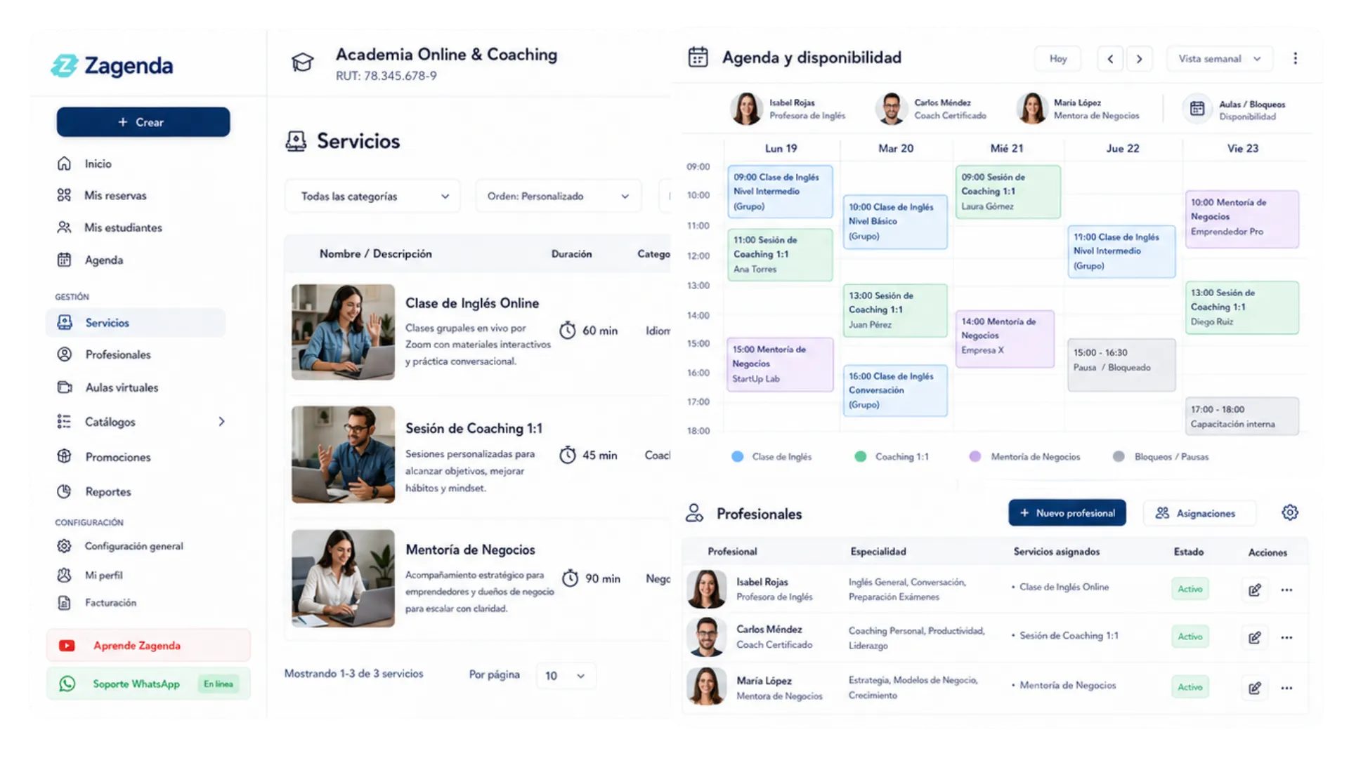 Pantalla de servicios de Zagenda en una academia: cada clase o sesión con su duración, junto a la agenda semanal repartida por profesor.
