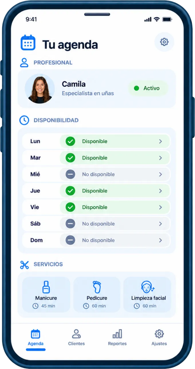 Zagenda abierto en un teléfono, en la pantalla Tu agenda: la ficha del profesional, la disponibilidad semanal y los servicios del negocio.