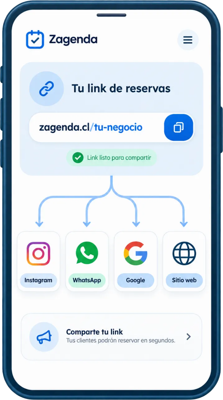 Zagenda abierto en un teléfono, en la pantalla del link de reservas del negocio, con la dirección lista para copiar y los sitios donde compartirla.