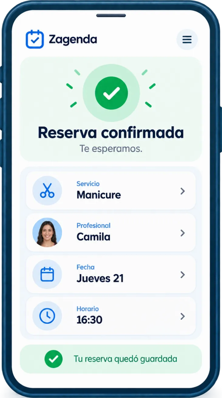 Confirmación de una reserva en el teléfono del cliente, con el resumen de servicio, profesional, fecha y hora agendada.