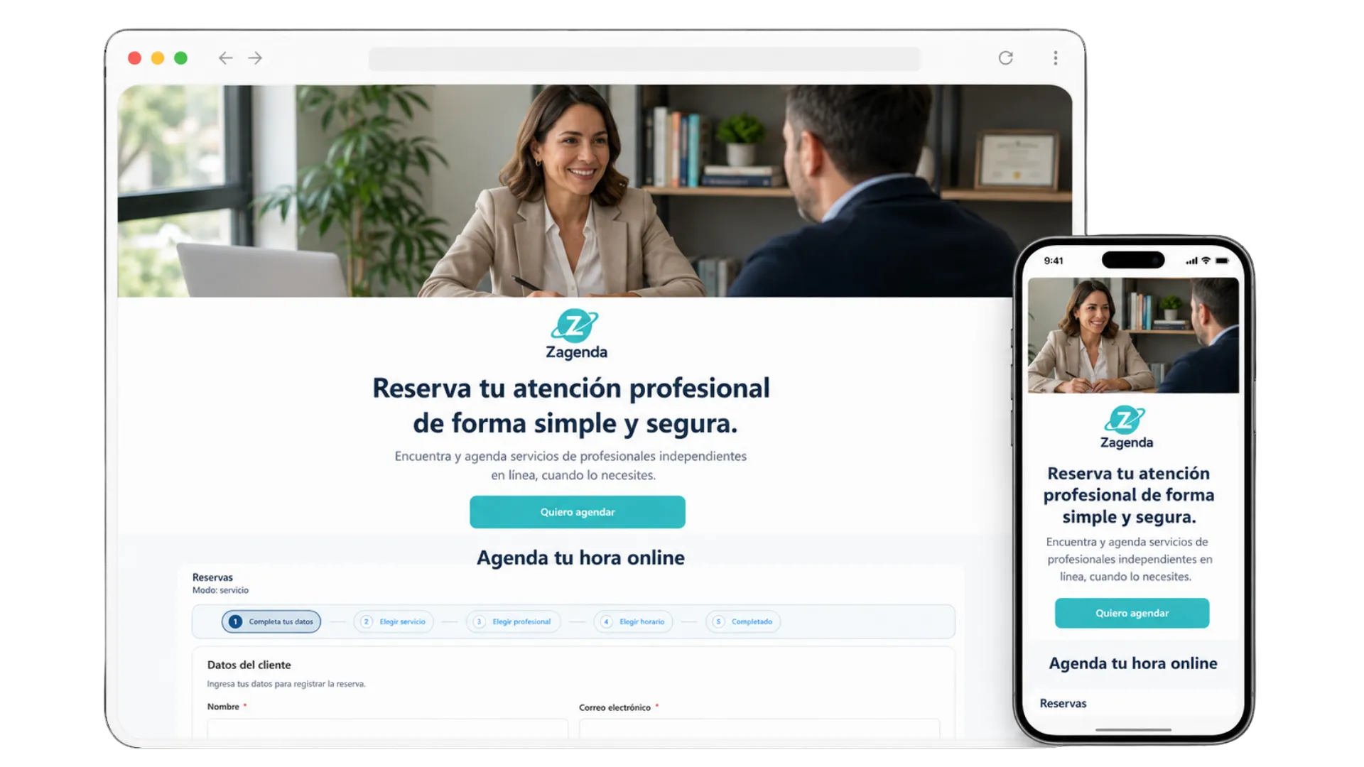 Página pública de reservas de un profesional, en navegador y en teléfono: el cliente recorre los pasos de agendar una atención, del servicio al horario.