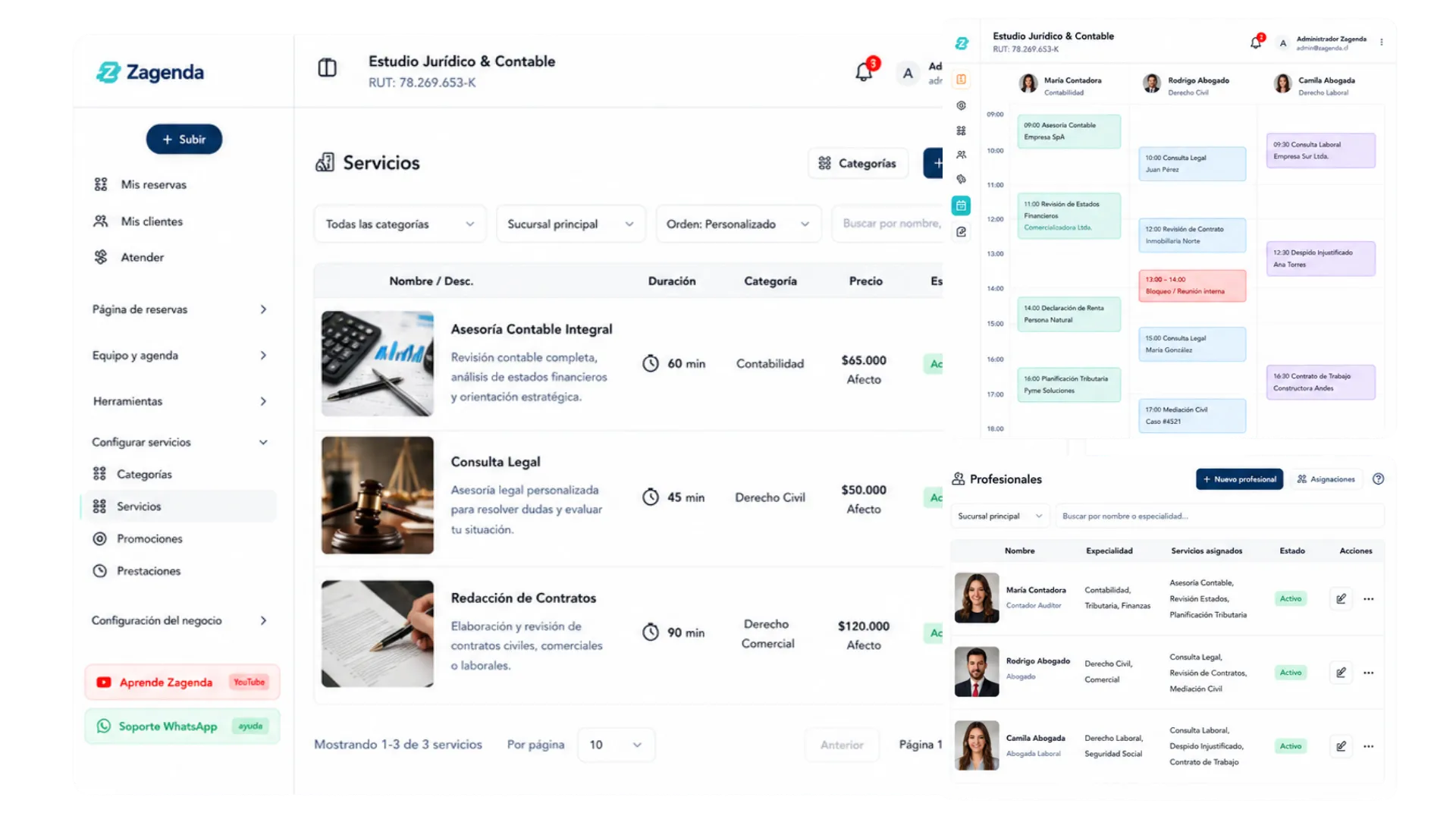 Pantalla de servicios de Zagenda en un estudio profesional: cada tipo de atención con su duración y su categoría, junto a la agenda repartida por profesional.