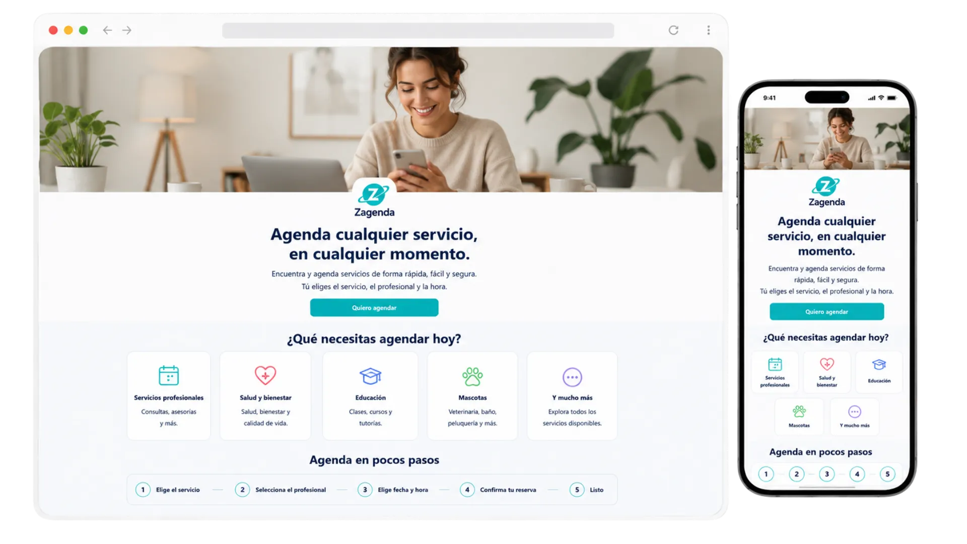 Página pública de reservas de Zagenda, en navegador y en teléfono: el cliente elige entre categorías de servicios y recorre los pasos de agendar hasta la confirmación.
