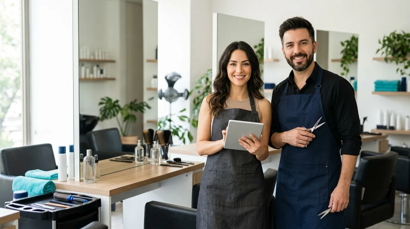 Dos profesionales de un salón de belleza junto a su estación de trabajo: una sostiene una tablet y el otro, unas tijeras