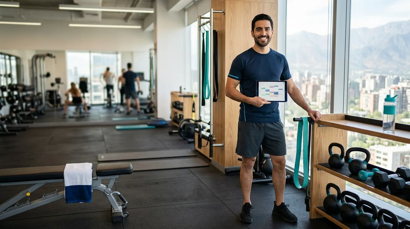Entrenador en la sala de un gimnasio, mostrando la agenda de sus sesiones en una tablet junto a un estante con mancuernas y pesas rusas
