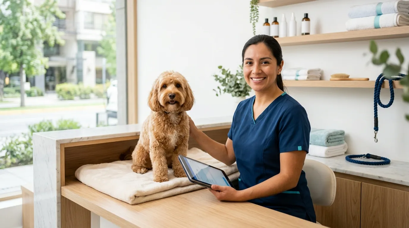 Profesional de un centro veterinario con una tablet, junto a un perro pequeño sentado sobre el mesón de recepción