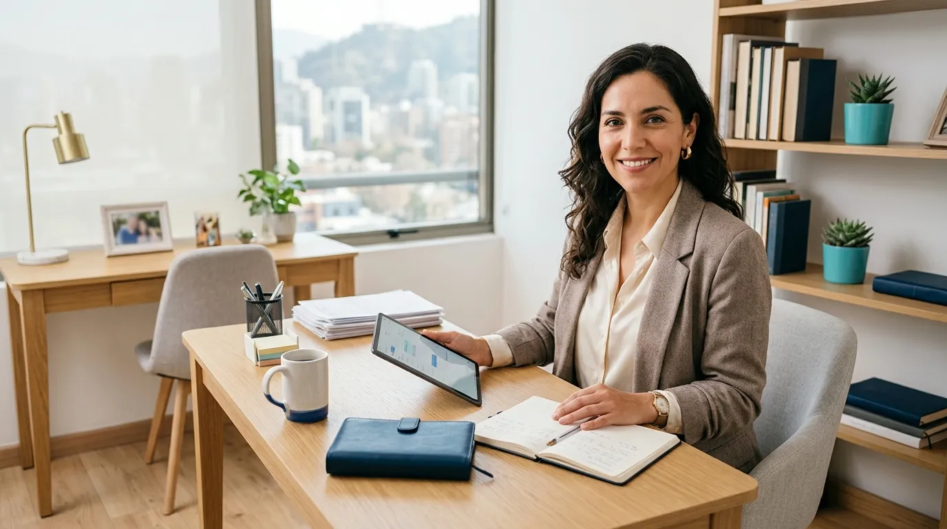 Profesional independiente en el escritorio de su oficina, con una tablet, un cuaderno y una agenda sobre la mesa