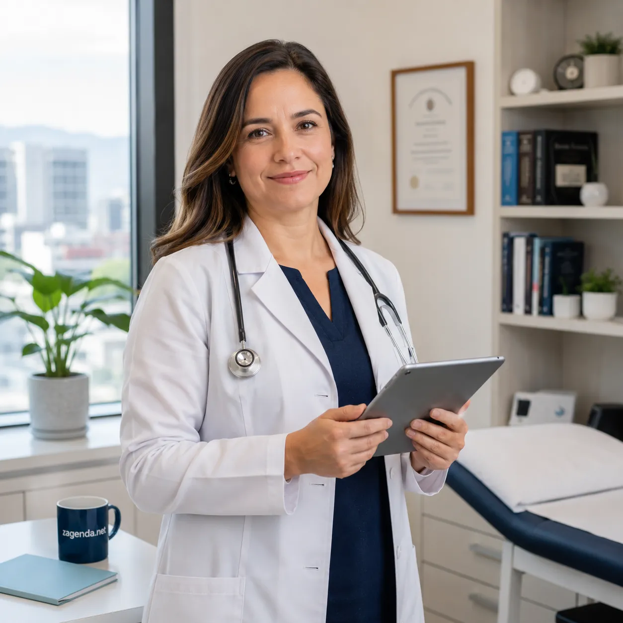 Profesional de la salud, con delantal blanco y estetoscopio, revisa su agenda en una tablet dentro de una consulta