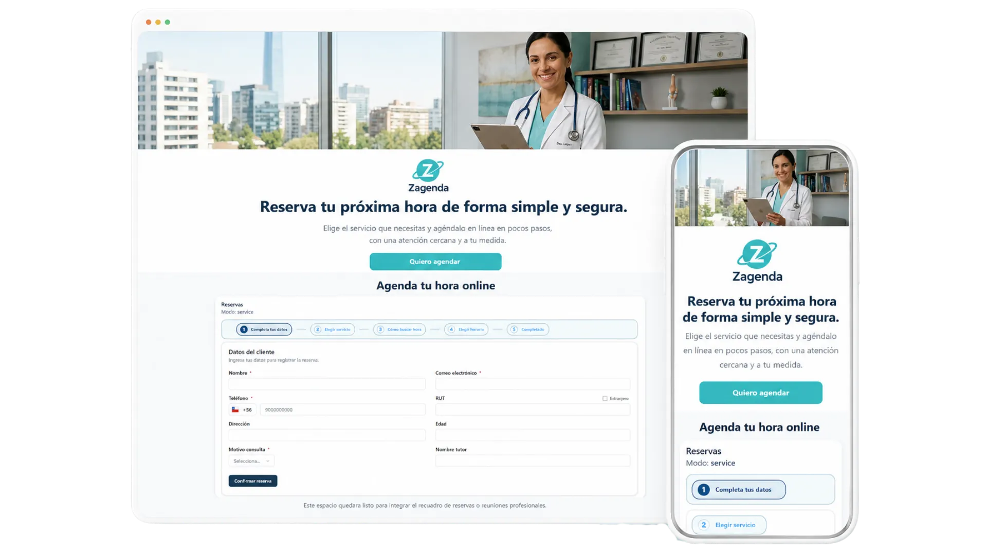 Página de reservas de Zagenda: un paciente elige servicio, fecha y hora entre los horarios que el centro dejó disponibles.